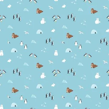 Polar animals seamless pattern. Cute Cartoon arctic animals background. Vec.. Stock Illustration