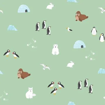 Polar animals seamless pattern. Cute Cartoon arctic animals background. Vecto Stock Illustration