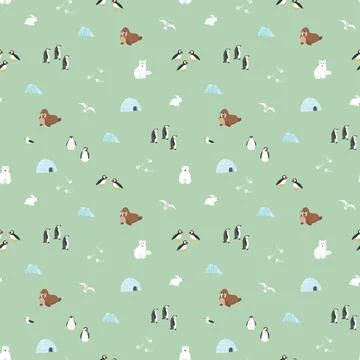 Polar animals seamless pattern. Cute Cartoon arctic animals background. Vec.. Stock Illustration