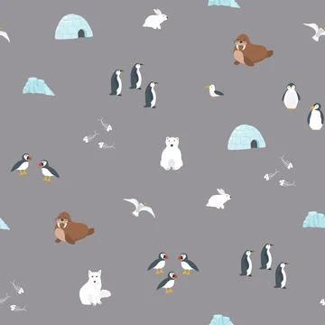 Polar animals seamless pattern. Cute Cartoon arctic animals background. Vec.. Stock Illustration