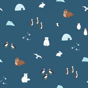 Polar animals seamless pattern. Cute Cartoon arctic animals background. Vec.. Stock Illustration