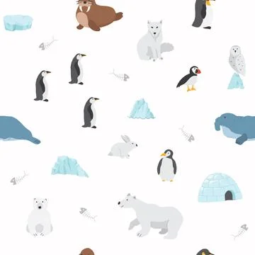 Polar animals seamless pattern. Cute Cartoon arctic animals background. Vec.. Stock Illustration