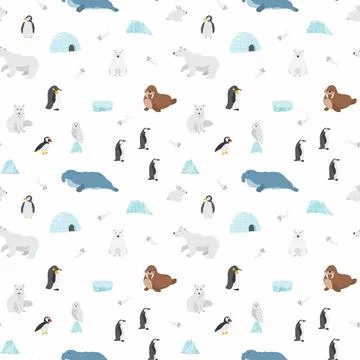 Polar animals seamless pattern. Cute Cartoon arctic animals background. Vecto Stock Illustration