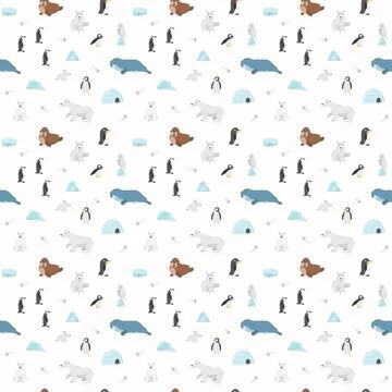 Polar animals seamless pattern. Cute Cartoon arctic animals background. Vecto Stock Illustration