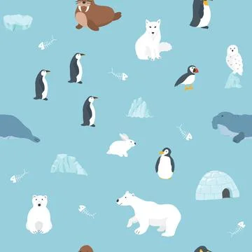 Polar animals seamless pattern. Cute Cartoon arctic animals background. Vecto Stock Illustration