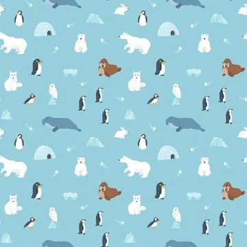 Polar animals seamless pattern. Cute Cartoon arctic animals background. Vec.. Stock Illustration