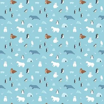 Polar animals seamless pattern. Cute Cartoon arctic animals background. Vecto Stock Illustration