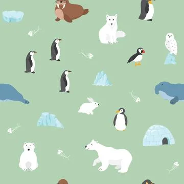 Polar animals seamless pattern. Cute Cartoon arctic animals background. Vec.. Stock Illustration