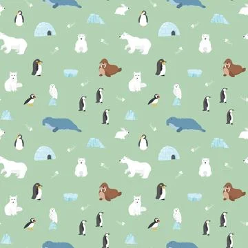 Polar animals seamless pattern. Cute Cartoon arctic animals background. Vecto Stock Illustration
