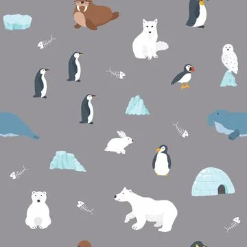 Polar animals seamless pattern. Cute Cartoon arctic animals background. Vecto Stock Illustration