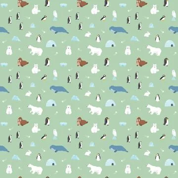 Polar animals seamless pattern. Cute Cartoon arctic animals background. Vecto Stock Illustration