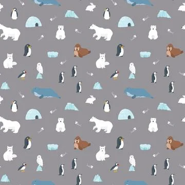 Polar animals seamless pattern. Cute Cartoon arctic animals background. Vecto Stock Illustration