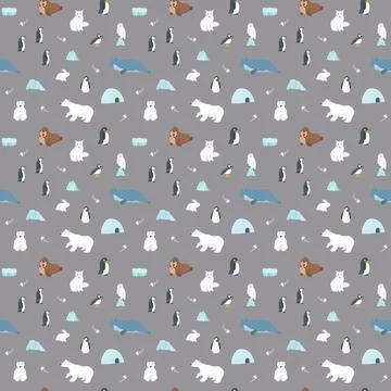 Polar animals seamless pattern. Cute Cartoon arctic animals background. Vecto Stock Illustration