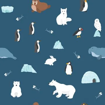 Polar animals seamless pattern. Cute Cartoon arctic animals background. Vecto Stock Illustration