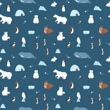 Polar animals seamless pattern. Cute Cartoon arctic animals background. Vecto Stock Illustration
