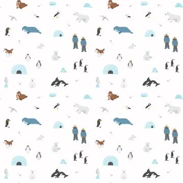 Polar animals seamless pattern. Cute Cartoon arctic animals background. Vecto Stock Illustration