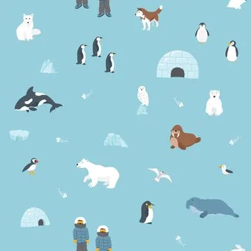 Polar animals seamless pattern. Cute Cartoon arctic animals background. Vecto Stock Illustration