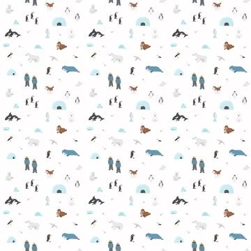 Polar animals seamless pattern. Cute Cartoon arctic animals background. Vecto Stock Illustration