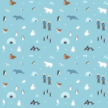 Polar animals seamless pattern. Cute Cartoon arctic animals background. Vecto Stock Illustration