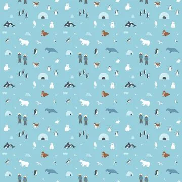 Polar animals seamless pattern. Cute Cartoon arctic animals background. Vecto Stock Illustration