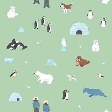 Polar animals seamless pattern. Cute Cartoon arctic animals background. Vec.. Stock Illustration