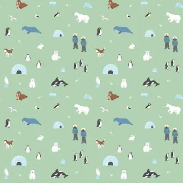 Polar animals seamless pattern. Cute Cartoon arctic animals background. Vecto Stock Illustration