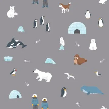 Polar animals seamless pattern. Cute Cartoon arctic animals background. Vecto Stock Illustration