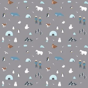 Polar animals seamless pattern. Cute Cartoon arctic animals background. Vecto Stock Illustration