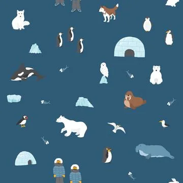 Polar animals seamless pattern. Cute Cartoon arctic animals background. Vecto Stock Illustration