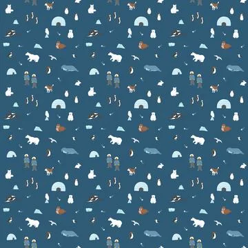 Polar animals seamless pattern. Cute Cartoon arctic animals background. Vecto Stock Illustration