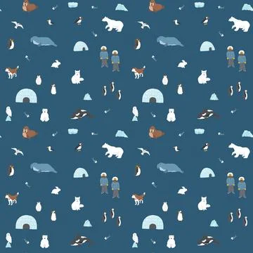 Polar animals seamless pattern. Cute Cartoon arctic animals background. Vec.. Stock Illustration