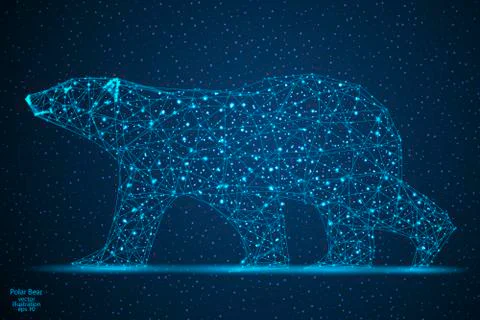 Polar bear is an abstract image of a polygonal triangle model.Starry sky. Low Stock Illustration