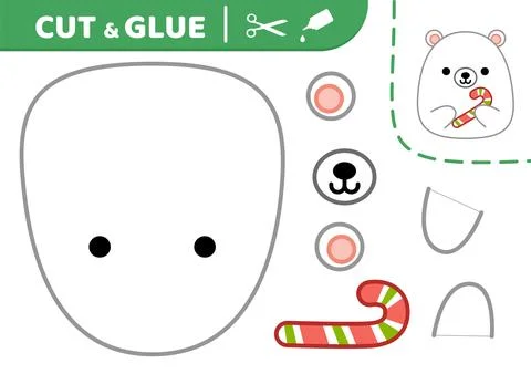 Polar bear with candy cane. Cut and glue. Christmas bear. Squishmallow. Applique Stock Illustration