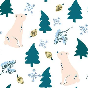 Polar bear in the forest seamless pattern. Christmas Repeating Pattern. Fir t Stock Illustration
