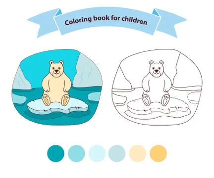 Polar bear sad on an ice floe in the sea coloring book for children. Stock Illustration