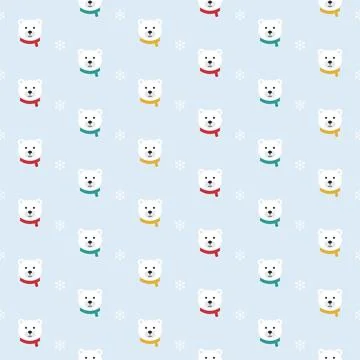 Polar bear seamless pattern with cute faces in red, teal and yellow scarves, Stock Illustration