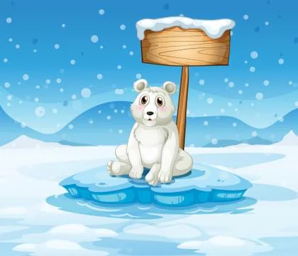 A polar bear sitting under the empty wooden signboard Stock Illustration
