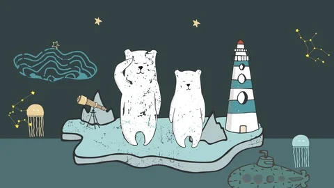 Polar bears on iceberg. Travel on Polar Circle. Cartoon illustration Stock Footage