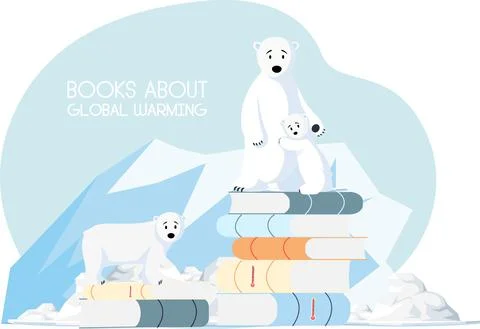 Polar bears stand on stack of books about global warming. Animals suffer from Stock Illustration