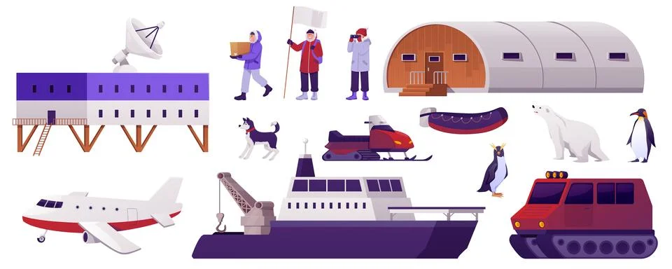 Polar expedition station elements flat vector set, ice breaker, buildings Stock Illustration