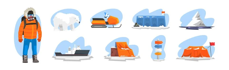 Polar Exploration Expedition to the Arctic Vector Set Stock Illustration