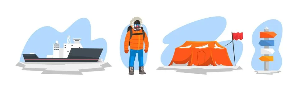 Polar Exploration Expedition to the Arctic Vector Set Stock Illustration