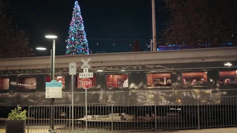 Polar express train ride in front of Christmas tree Stock-Footage 293947692
