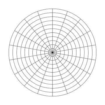 Polar grid of 10 concentric circles and 20 degrees steps. Blank vector polar Stock Illustration