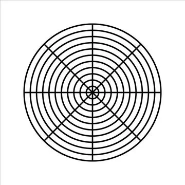 Polar grid of 10 concentric circles and 45 degrees steps. Stock Illustration