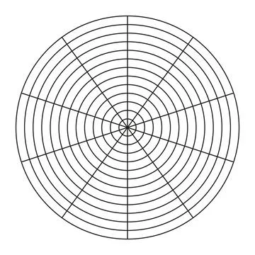 Polar grid of 10 segments and 12 concentric circles. Blank polar graph paper. Stock Illustration
