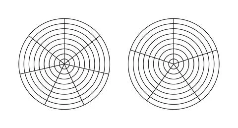 Polar grid with segments, concentric circles. Black blank of graph paper with 7 스톡 일러스트
