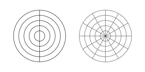 Polar grids of 2, 12 segments and 4 concentric circles. Blanks polar graph Stock Illustration