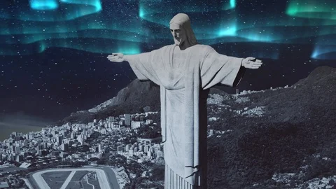 Polar Light Over Jesus Statue Stock Footage 125584255
