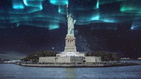 Polar Light Over Liberty Statue Stock Footage 125584195